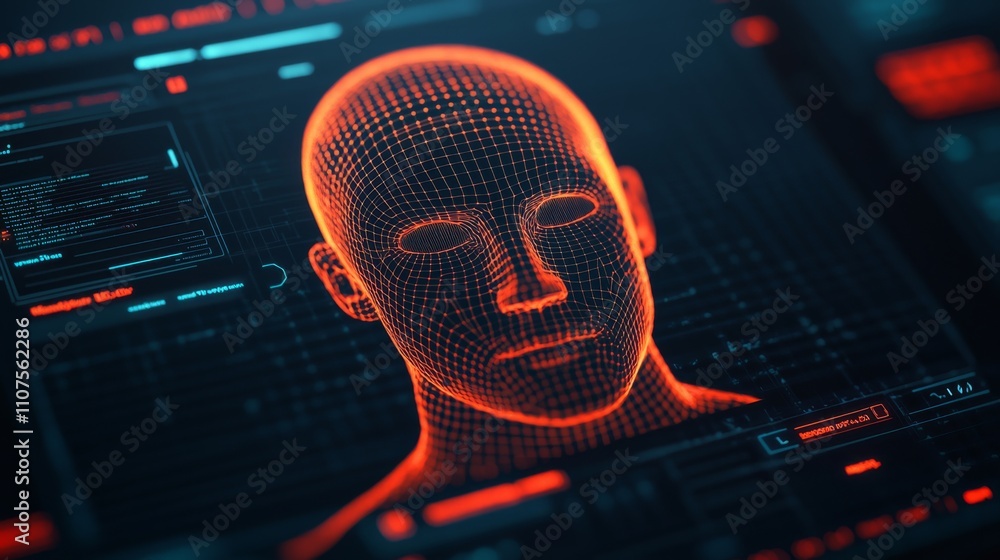 Aufkleber a digital representation of a human face composed of glowing lines and data, set against a high-tech