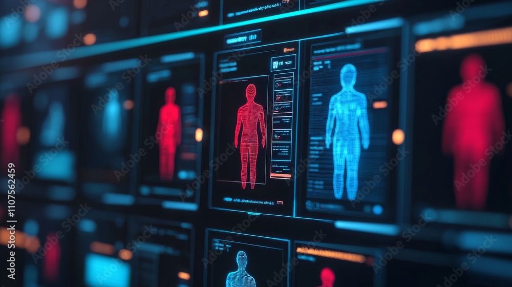 Aufkleber a futuristic display of human silhouettes in blue and red, illustrating data visualization and analy