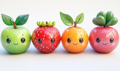 Transparent background with a three-dimensional fruit set consisting of strawberry, peach, apple, raspberry, pear, banana, orange, and watermelon.