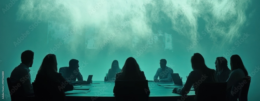 Poster A group meeting in a dimly lit room with a foggy backdrop, focused on discussion.