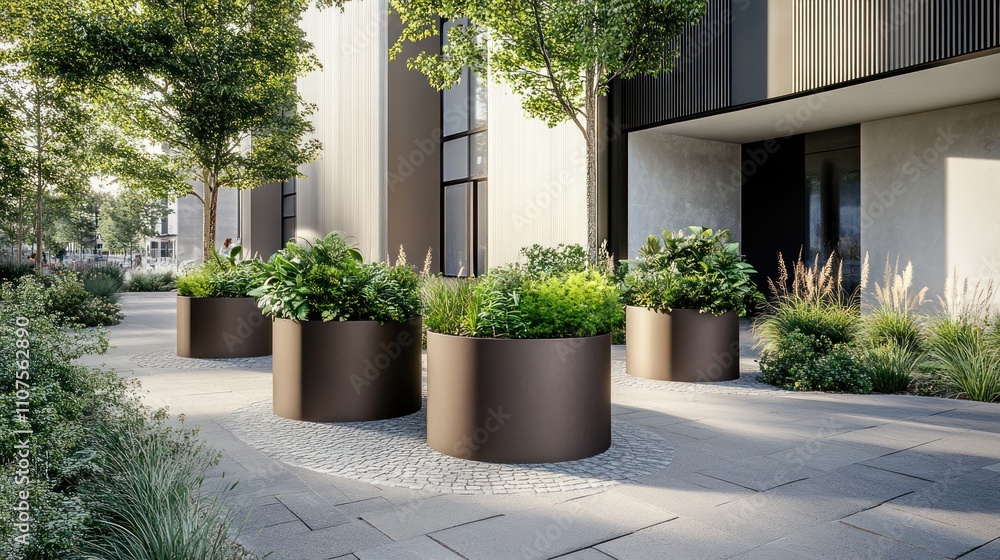Poster Modern landscape design featuring large planters with greenery in an urban setting.