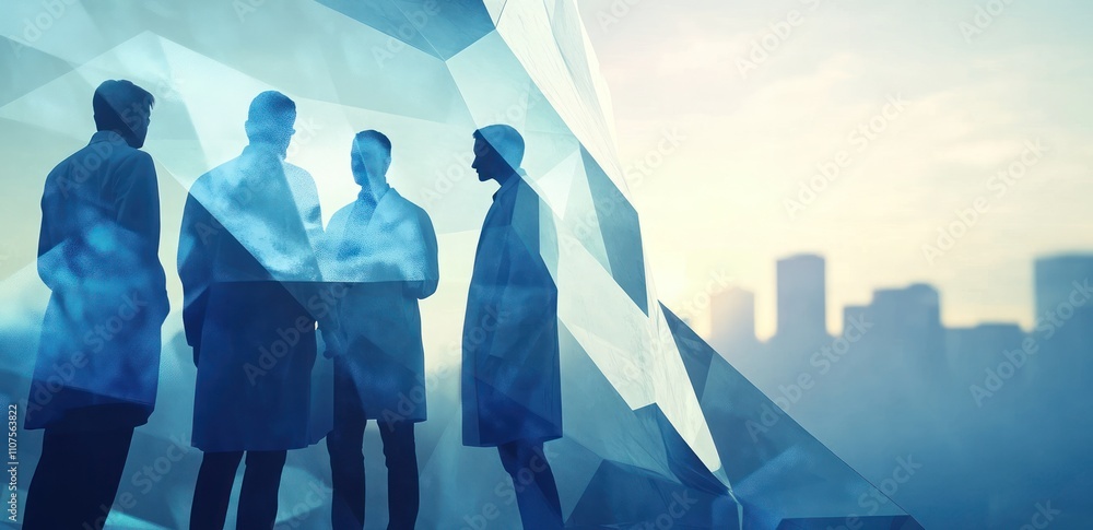 Poster Abstract representation of professionals discussing in a futuristic setting.
