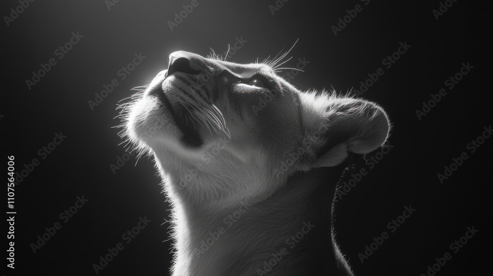 Poster a close-up of a lioness in black and white, gazing upwards with a serene expression.