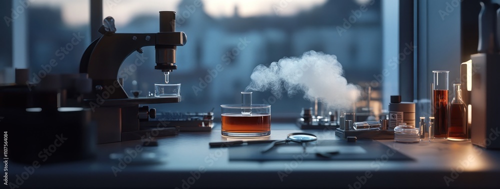 Poster a laboratory scene with a microscope, glassware, and a steaming liquid.