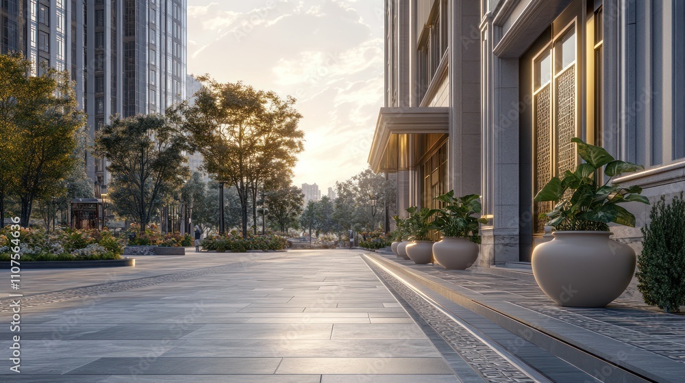 Poster a serene urban walkway lined with planters and greenery, illuminated by soft sunset light.