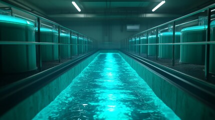 Obraz premium A futuristic indoor facility featuring illuminated water and cylindrical tanks, creating a serene and high-tech atmosphere.