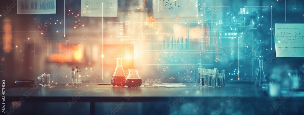 Aufkleber a futuristic laboratory scene with glowing flasks and digital overlays.