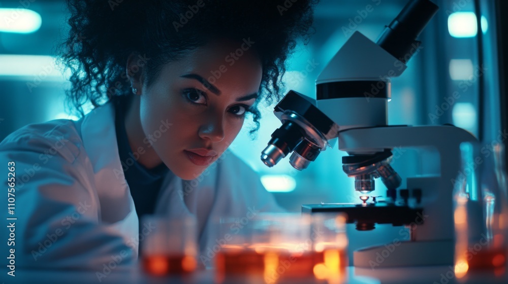 Poster young woman with curly hair focuses intently on a sample under a microscope while working in a well-