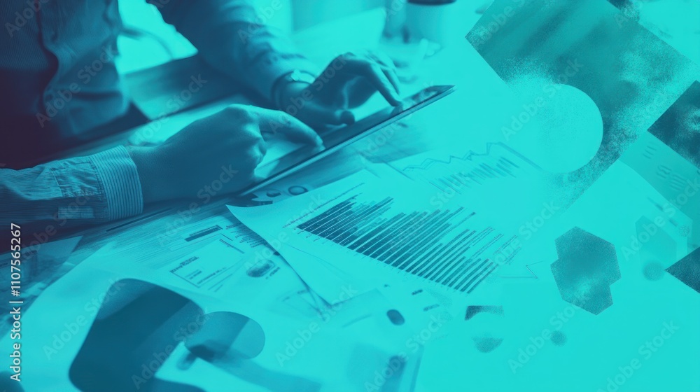 Poster A person analyzing data and charts on a tablet amidst documents and graphs.