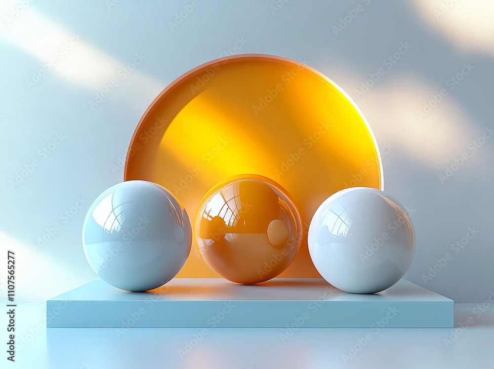 Poster below, you can see the front view of a 3d abstract image featuring three orange balls on three trans