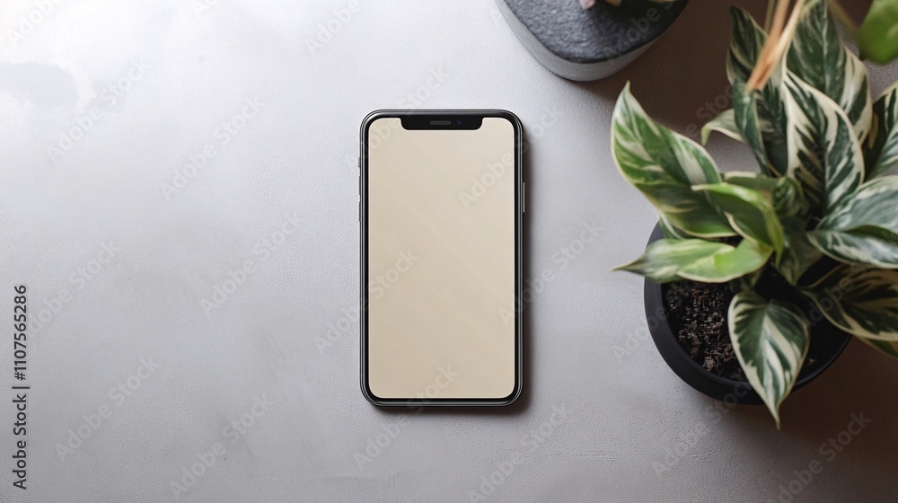 Aufkleber smartphone with blank screen displaying on table next to plants