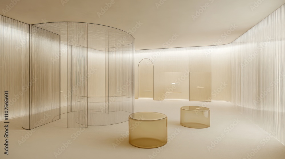 Aufkleber A minimalist interior space featuring soft lighting and transparent structures.