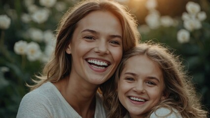Fototapeta premium Close up happy faces of beautiful young woman and adorable daughter, smile, laughing revealing white teeth, advertising dental clinic services. Motherhood, upbringing, family ties and love, .