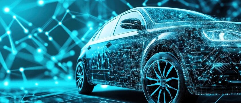 Futuristic car design with digital elements and tech-inspired background
