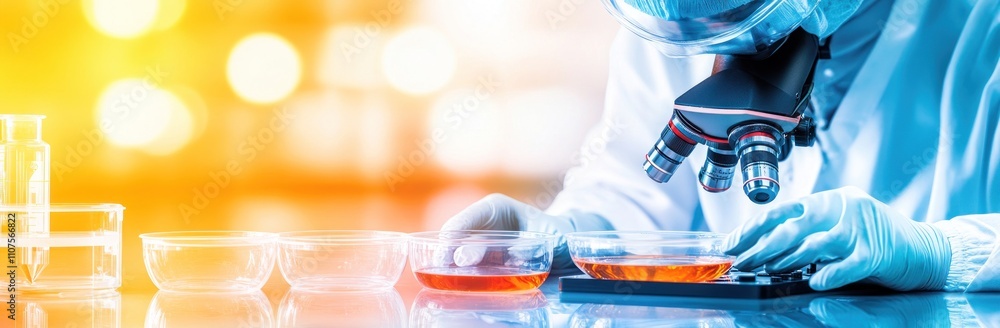 Poster A scientist examines samples under a microscope in a laboratory setting.