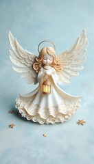 A delicate angel with flowing wings, holding a small lantern, soft golden accents on a pale sky-blue background