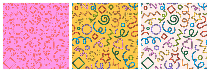 Seamless pattern of playful, abstract doodles, colorful linear shapes, modern doodle style. Vector cartoon illustration