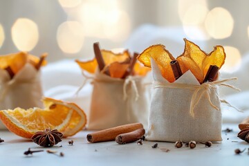 Small Potpourri Sachets with Dried Orange Peel, Cinnamon, and Cloves on Minimalist Surface
