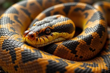 Fototapeta premium Detailed close-up of a vibrant black and yellow snake coiled elegantly, showcasing unique patterns and textures