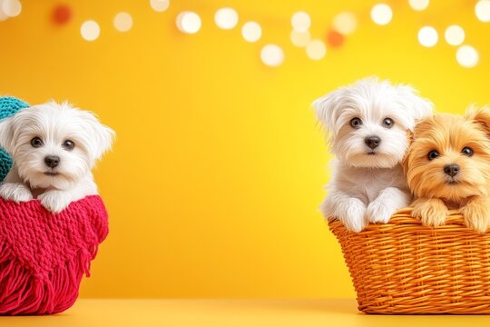 A banner for a pet adoption event featuring realistic puppies and kittens in a cheerful, playful setting