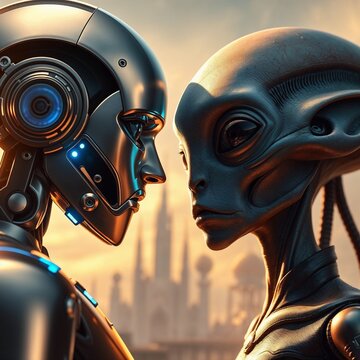 Robot and alien facing each other in futuristic city at sunset