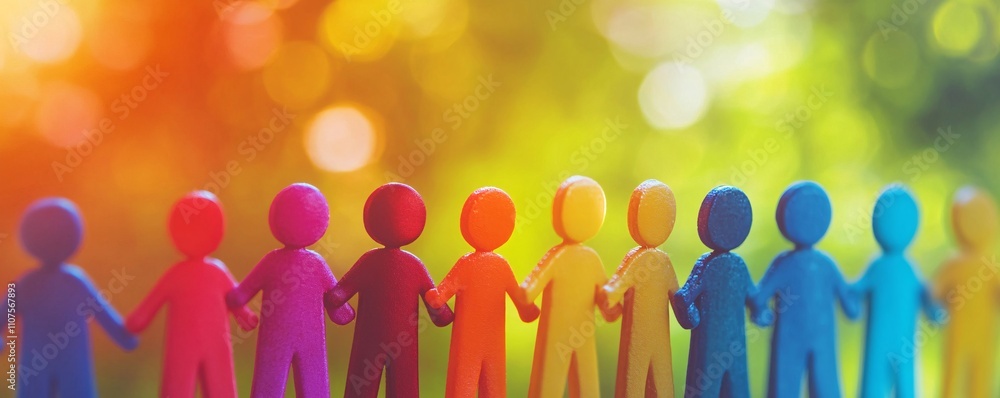 Poster colorful wooden figures holding hands symbolizing unity and teamwork