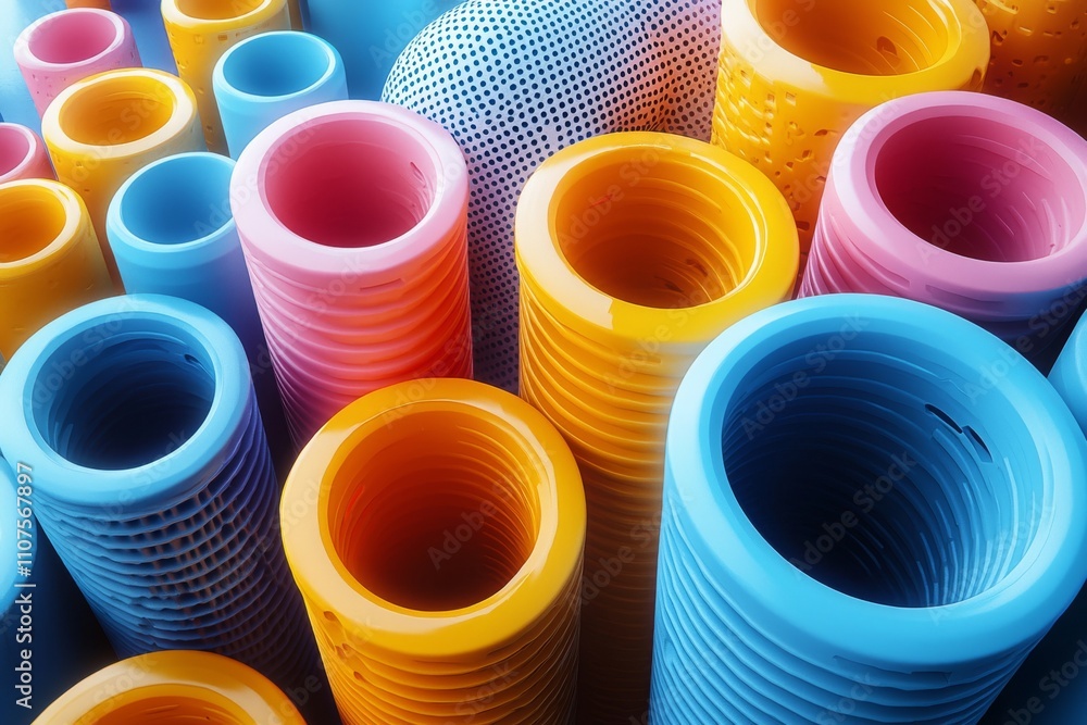 Poster a 3d render of a blue background with a diverse assortment of multicolored geometric shapes and obje
