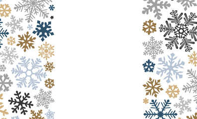 A decorative snowflake frame featuring gold, blue, and silver hues on a clean white background. Perfect for winter-themed designs, invitations, and holiday projects.