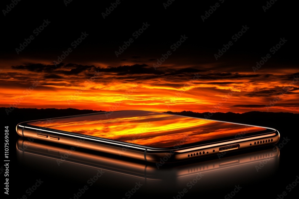 Poster a close-up image of a sleek smartphone capturing a stunning sunset, with the photo displayed on its 