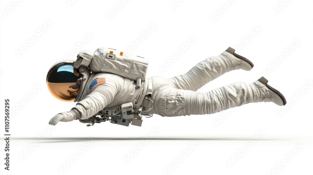 Poster an astronaut in a space suit appears to be floating in a zero-gravity environment.