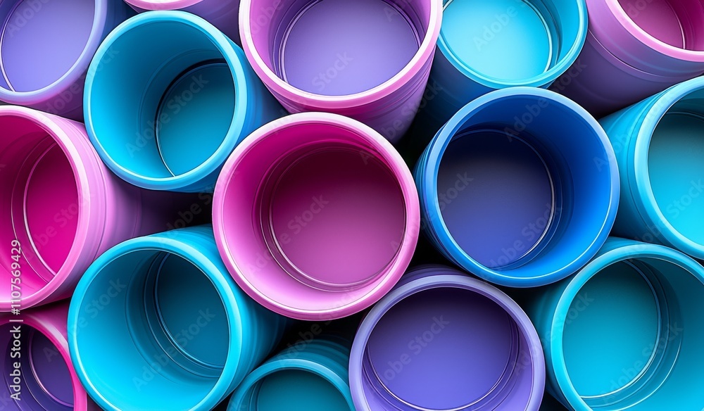 Poster a 3d geometric abstract background with tubes, cylinders, and disks in flight, each displaying a hol