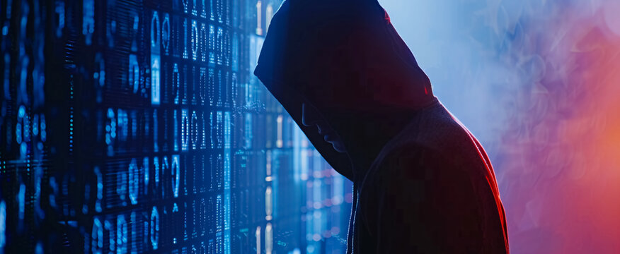 A silhouette of a hooded criminal hacking a computer against a binary code background, rendered in 4K, representing a cybercrime concept.