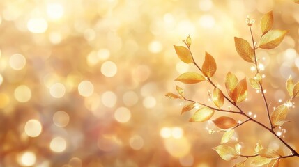 Fototapeta premium Golden leaves on branch with dreamy background, bokeh lights, autumn theme, soft warm colors, tranquil nature scene