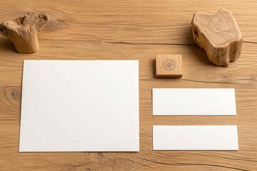 Naklejka premium A clean and professional branding kit featuring embossed business cards, letterhead, and a logo stamp on a wooden desk