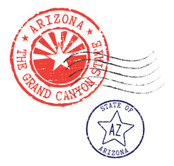 Postal rubber stamps STATE OF ARIZONA and AZ zip code abbreviation, along with the state symbol. Retro seals for letter envelopes, greeting cards, passports, parcels.