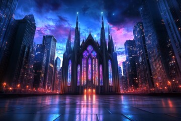 Obraz premium A cyberpunk version of Byzantine art, with glowing neon mosaics and holographic saints adorning a futuristic cathedral