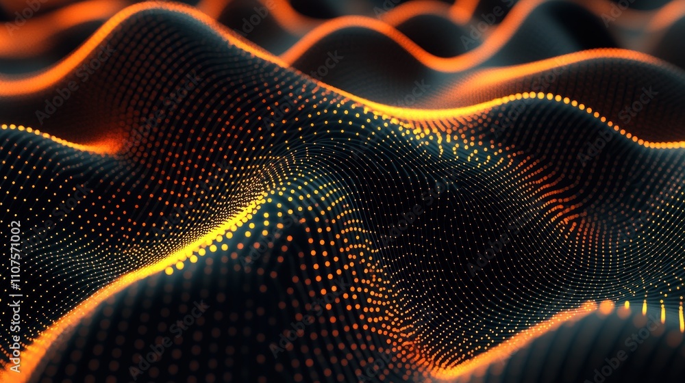 Poster Abstract digital landscape with vibrant orange and black waves and dotted patterns.