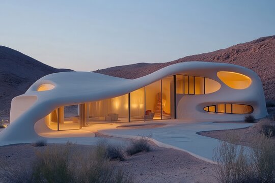 Eco-friendly desert architecture designed for extreme climates, focusing on sustainability and resource efficiency
