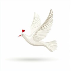 Obraz premium A graceful white bird in flight, adorned with a red heart, symbolizing peace and love in a minimalist design.