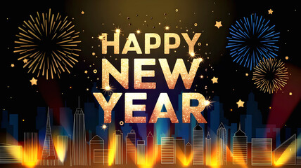 Happy New Year 2025 , new year 2025 typography Christmas season Festive Fireworks Background Greeting Card Banner illustration with fire works on sky 