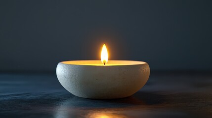  solitary white candle with faint golden flame glowing softly on a charcoal gray background, its simplicity exuding warmth and serenity.