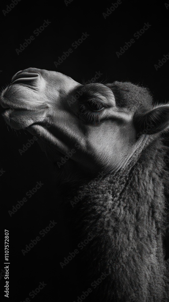 Poster a close-up, monochromatic portrait of a camel, highlighting its features and textures.