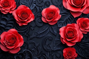 Obraz premium A dark and gothic banner featuring intricate black lace patterns, deep red roses, and dramatic text in an elegant font