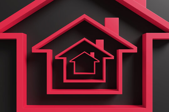 Red outlines of houses scaling from small to big on black background. Illustration of the concept of upsizing a house
