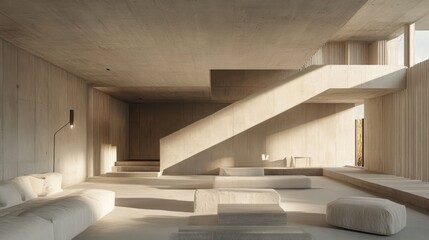 Obraz premium Brutalist interiors with minimalist concrete finishes and industrial design elements