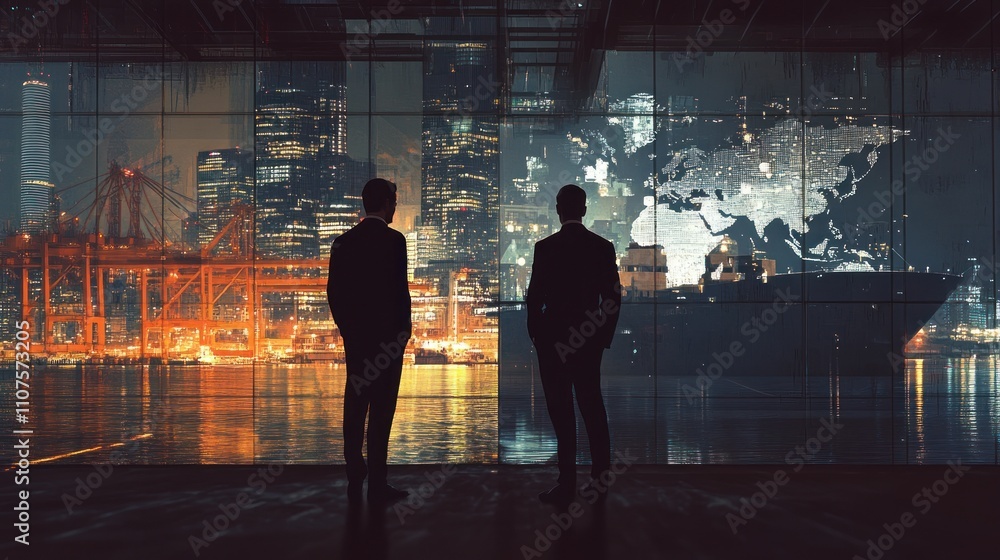Poster two silhouetted figures overlook a cityscape with a world map projection.