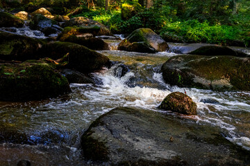 Hiking along Otterbach in the Otterbach Valley in the Bavarian Forests. Germany.