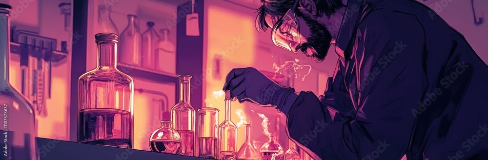 Poster a scientist conducts experiments in a laboratory filled with glassware and colorful liquids.