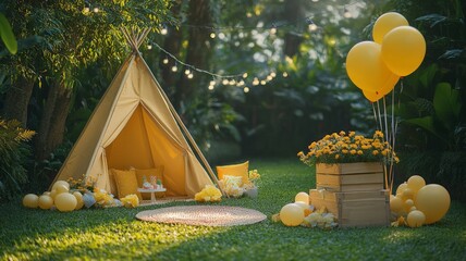 birthday party with adorable decorations, adorned with yellow pillows for cozy seating areas and a backdrop of lush green trees adding to its magical ambiance