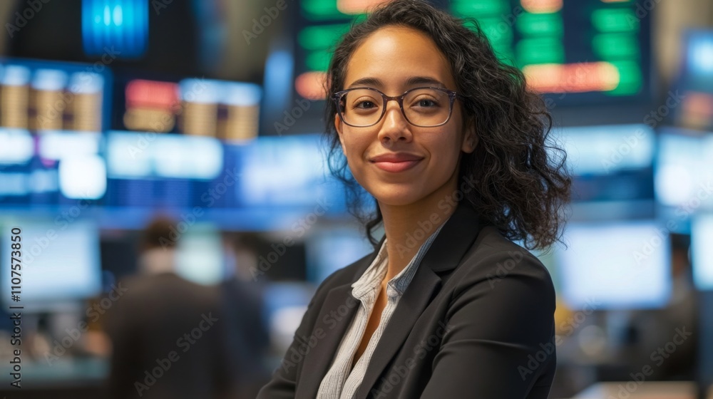 Fototapete a woman in a smart black suit stands proudly, smiling amid a busy financial trading floor filled wit